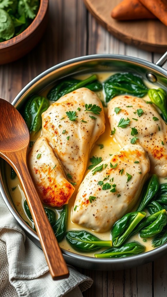 Creamy spinach and chicken skillet with chicken breasts in cream sauce and green spinach, garnished with parsley.